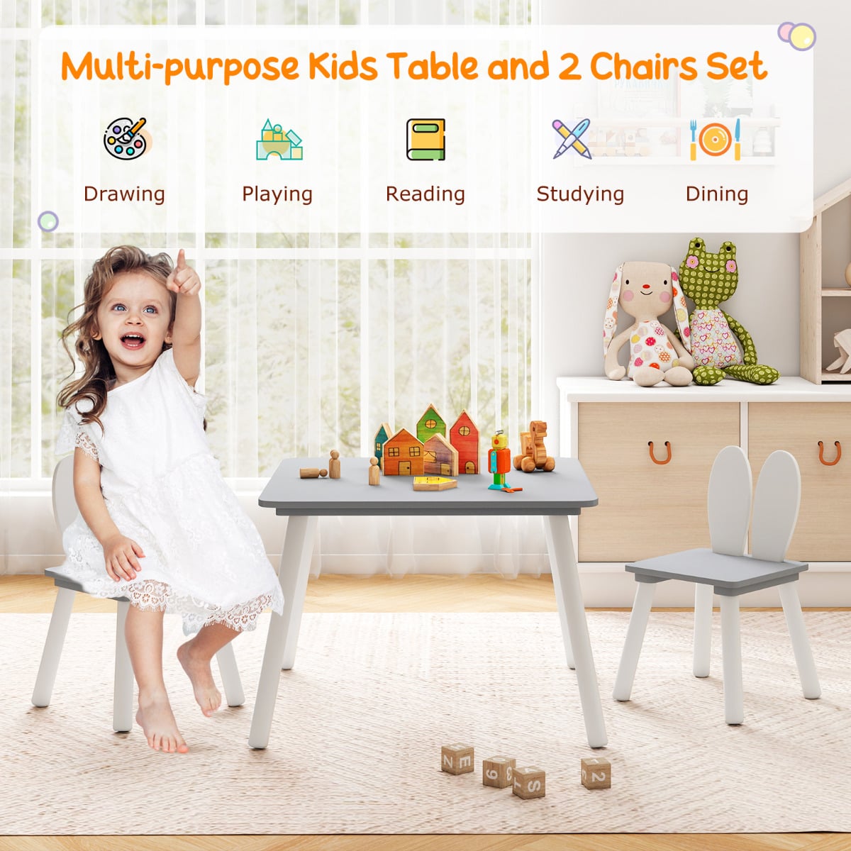 Kids Wooden Table and Rabbit Chairs Set with Space-Saving Structure-Grey