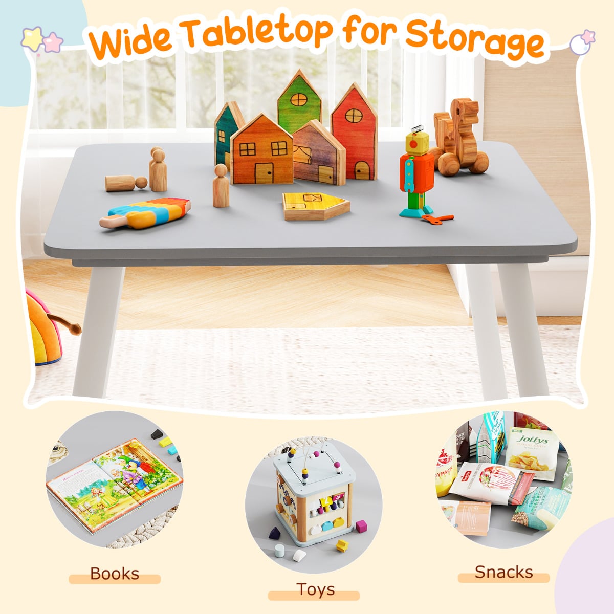 Kids Wooden Table and Rabbit Chairs Set with Space-Saving Structure-Grey