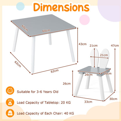 Kids Wooden Table and Rabbit Chairs Set with Space-Saving Structure-Grey
