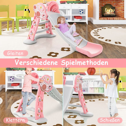 3-in-1 Indoor Slide with Basketball Hoop & Small Basketball for Kids-Pink