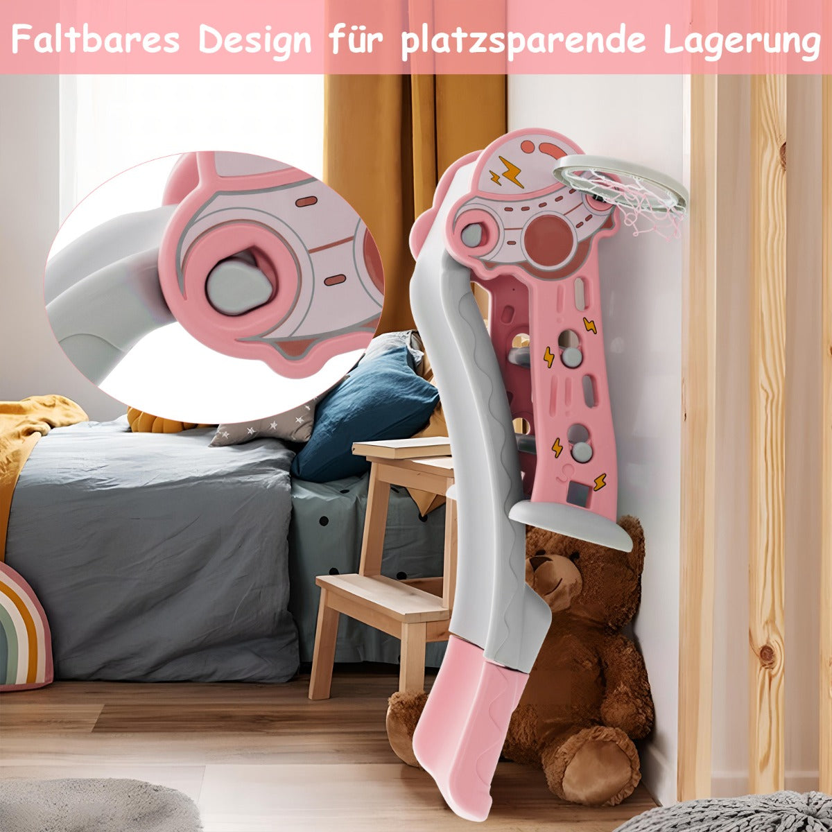 3-in-1 Indoor Slide with Basketball Hoop & Small Basketball for Kids-Pink