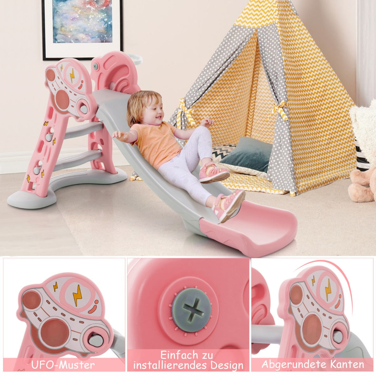 3-in-1 Indoor Slide with Basketball Hoop & Small Basketball for Kids-Pink