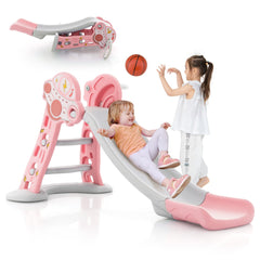3-in-1 Indoor Slide with Basketball Hoop & Small Basketball for Kids-Pink