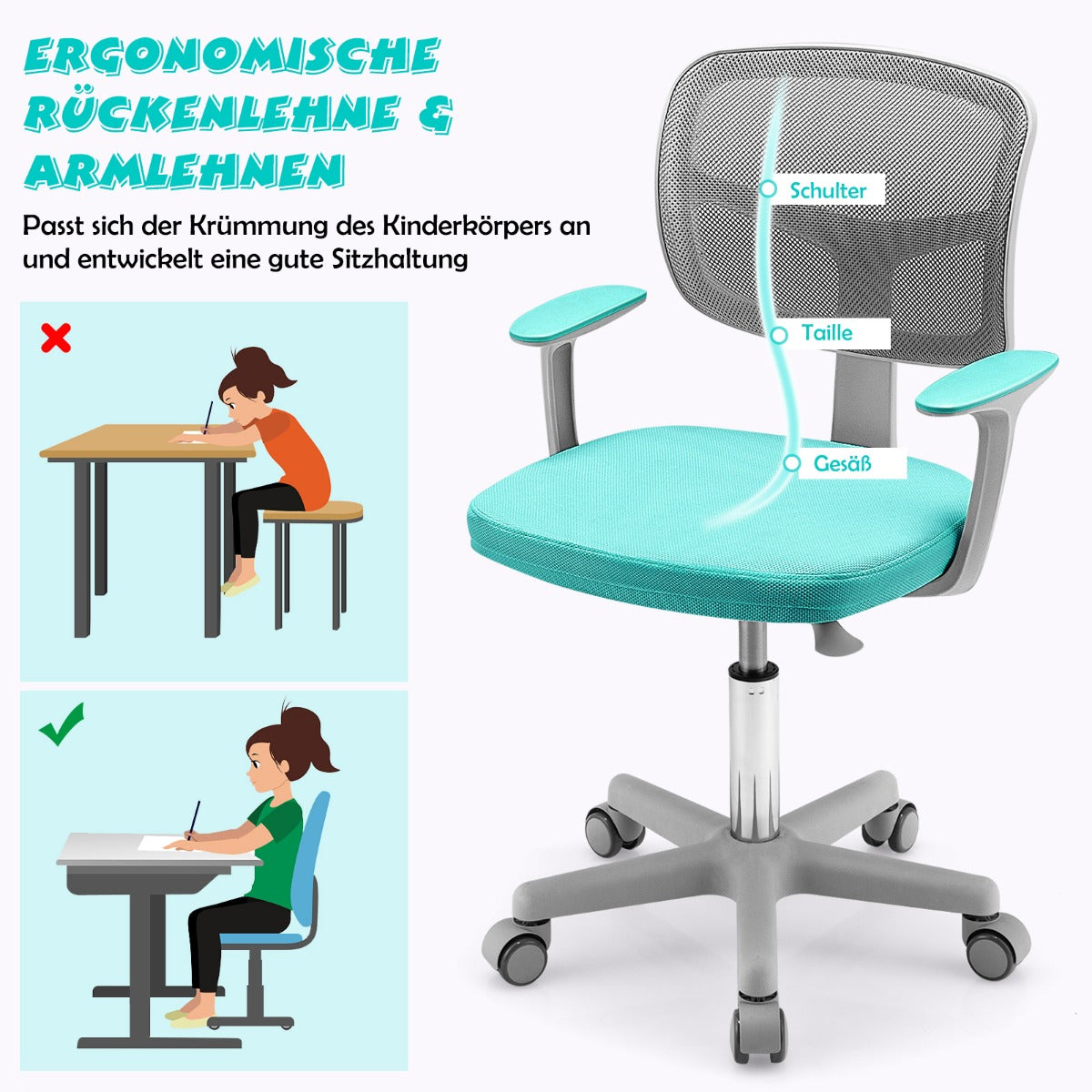 Childrens Desk Chair Childrens Computer Chair with Adjustable Height Turquoise