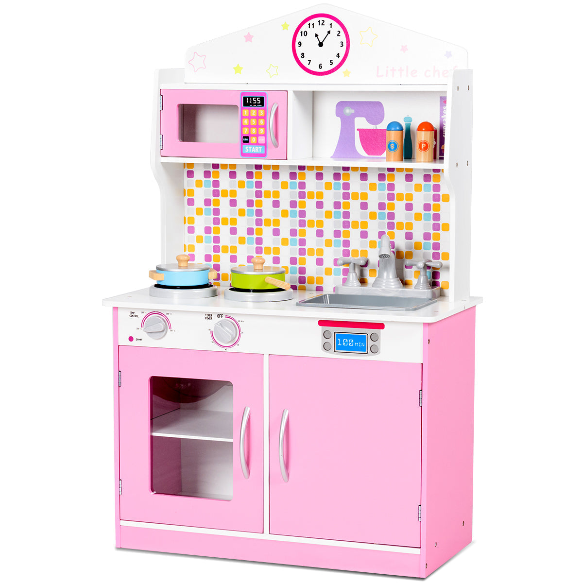 Kids Wooden Pretend Cooking Playset Cookware Play Set Kitchen Toys Toddler Gift-Pink