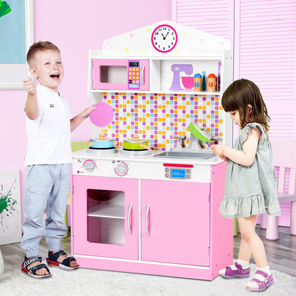 Kids Wooden Pretend Cooking Playset Cookware Play Set Kitchen Toys Toddler Gift-Pink