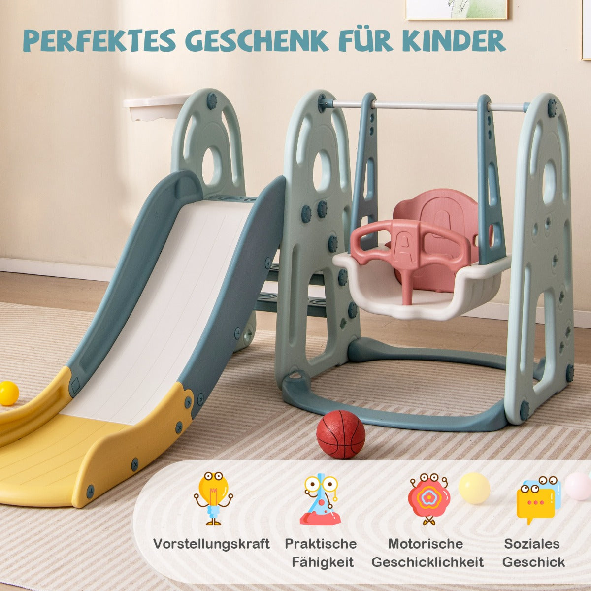 4-in-1 Kids Slide and Swing Set Freestanding Baby Slide Playset-Green