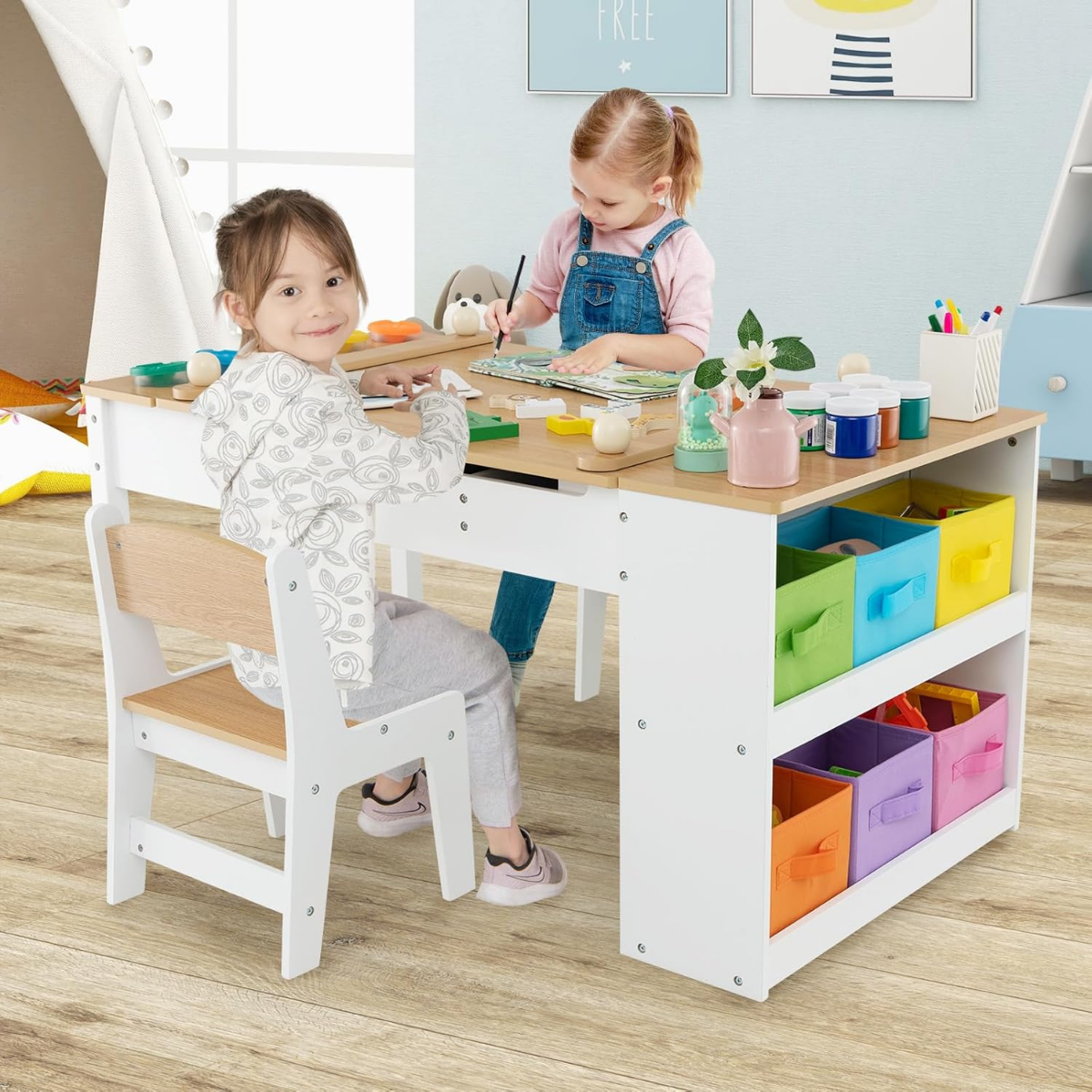 2-in-1 Kids Art Table and Art Easel Set with Chairs-Natural
