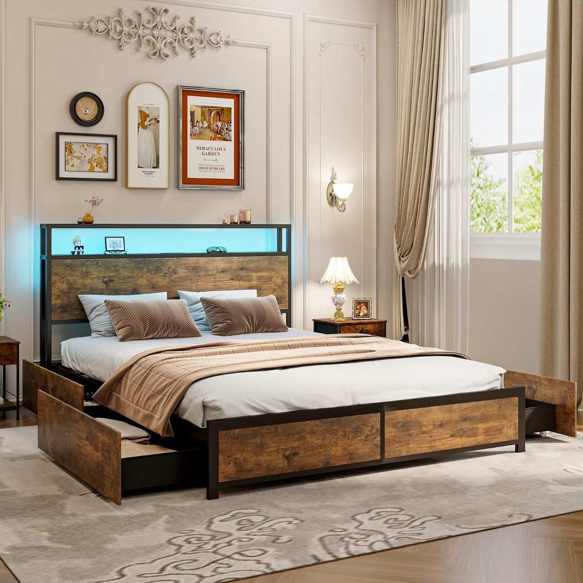 5 Feet King Size Metal Bed Frame with RGB LED Lights and Charging Station