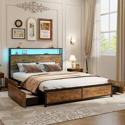 5 Feet King Size Metal Bed Frame with RGB LED Lights and Charging Station