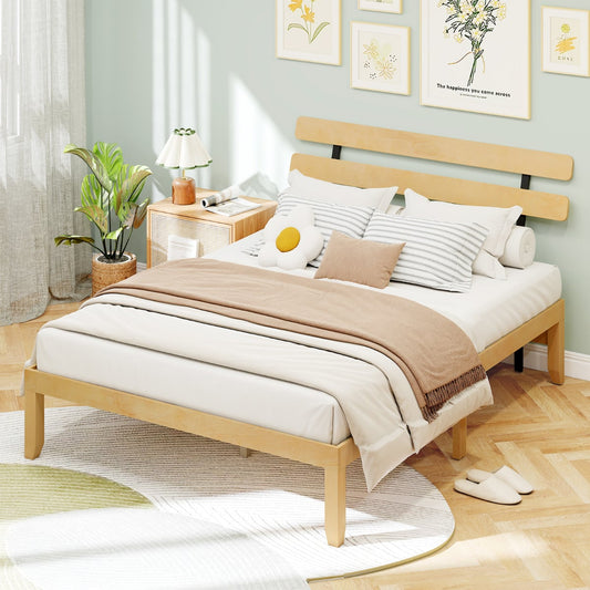 Solid Wood Platform Bed with Retro Headboard Slats Support Mattress Foundation-Natural-King Size