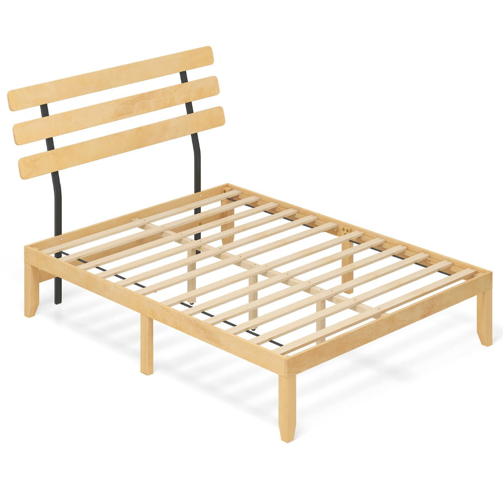 Solid Wood Platform Bed with Retro Headboard Slats Support Mattress Foundation-Natural-King Size