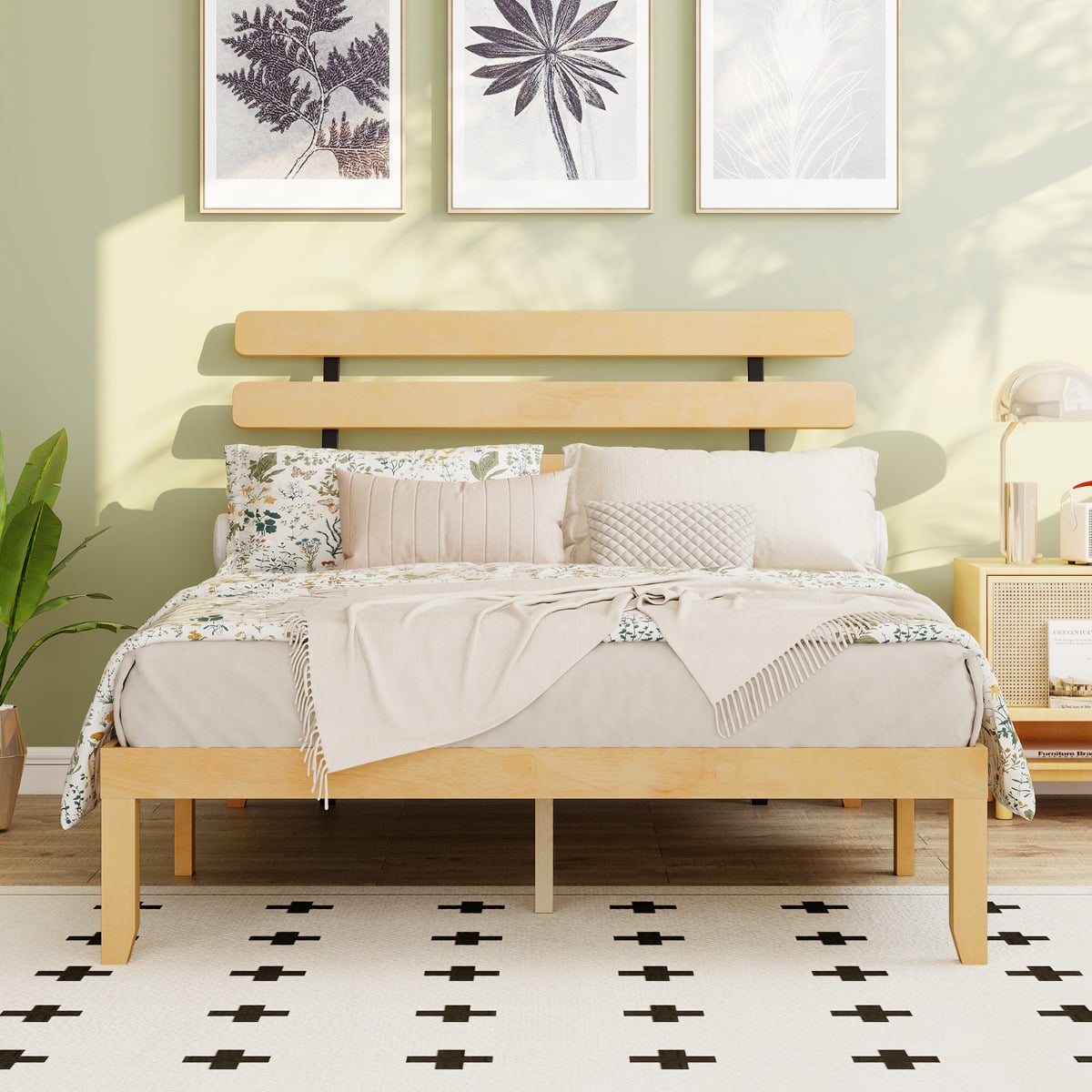 Solid Wood Platform Bed with Retro Headboard Slats Support Mattress Foundation-Natural-King Size