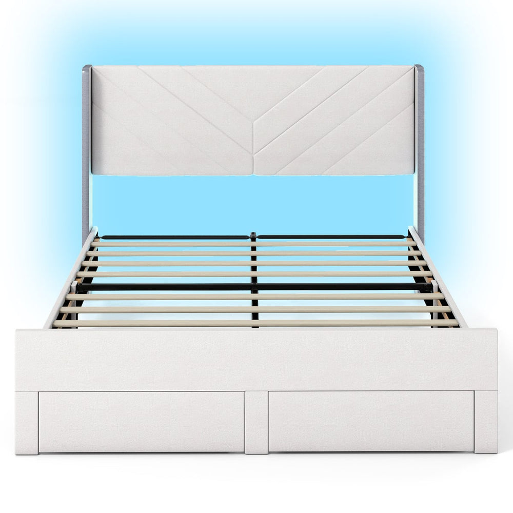 King Size Bed Frame with LED Lights Dutch Velvet Upholstered Platform Bed-Beige