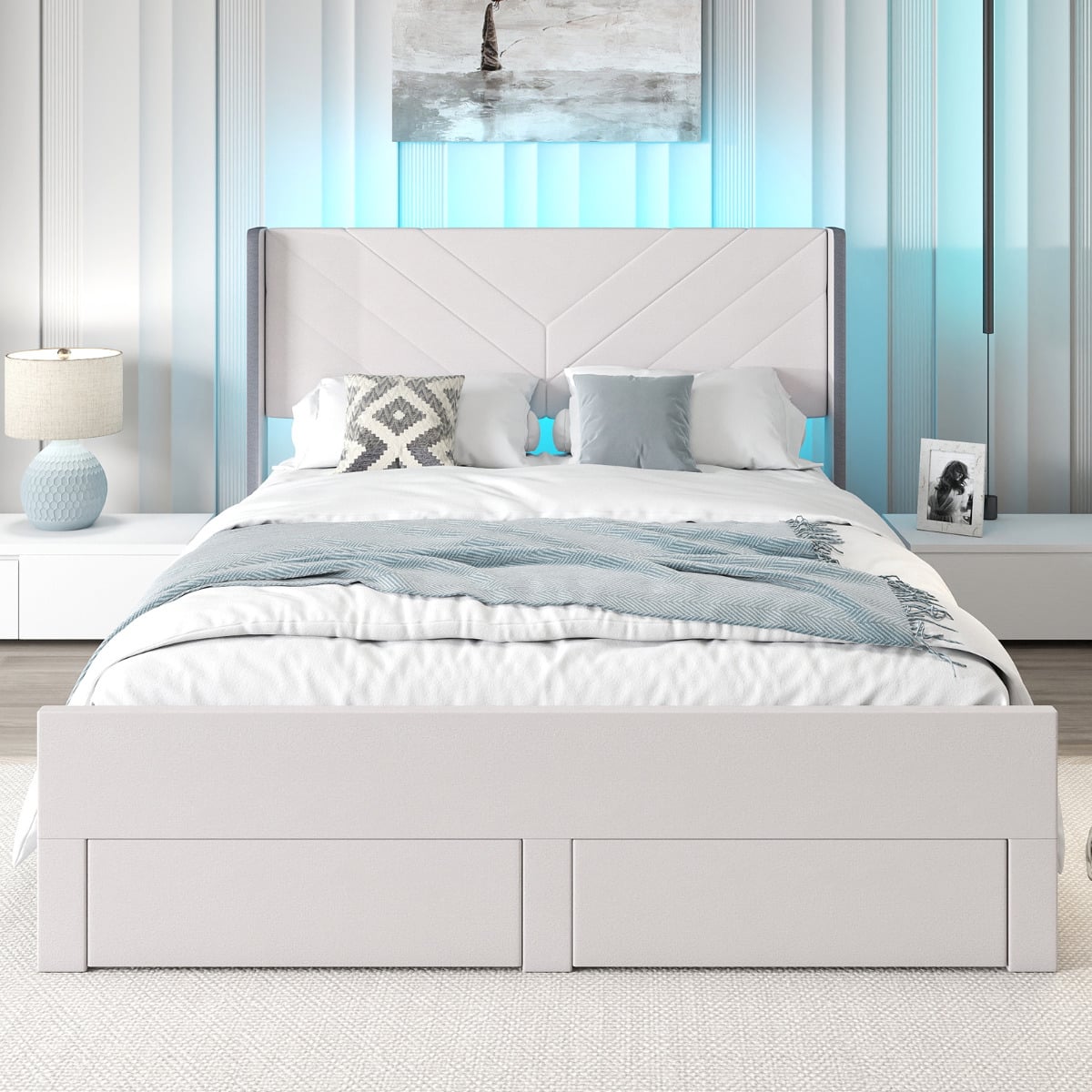 King Size Bed Frame with LED Lights Dutch Velvet Upholstered Platform Bed-Beige