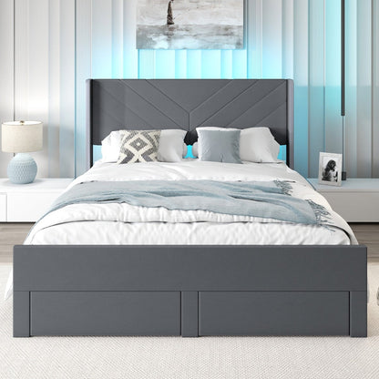King Size Bed Frame with LED Lights Dutch Velvet Upholstered Platform Bed-Grey
