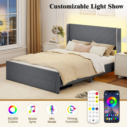 King Size Bed Frame with LED Lights Dutch Velvet Upholstered Platform Bed-Grey