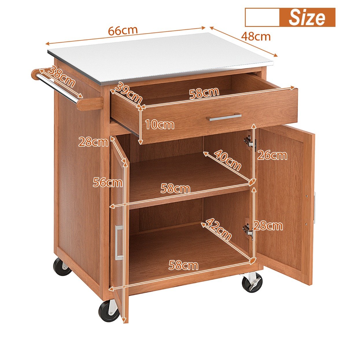 Kitchen Cart with Stainless Steel Countertop and 3-Position Adjustable Shelf