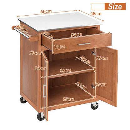 Kitchen Cart with Stainless Steel Countertop and 3-Position Adjustable Shelf