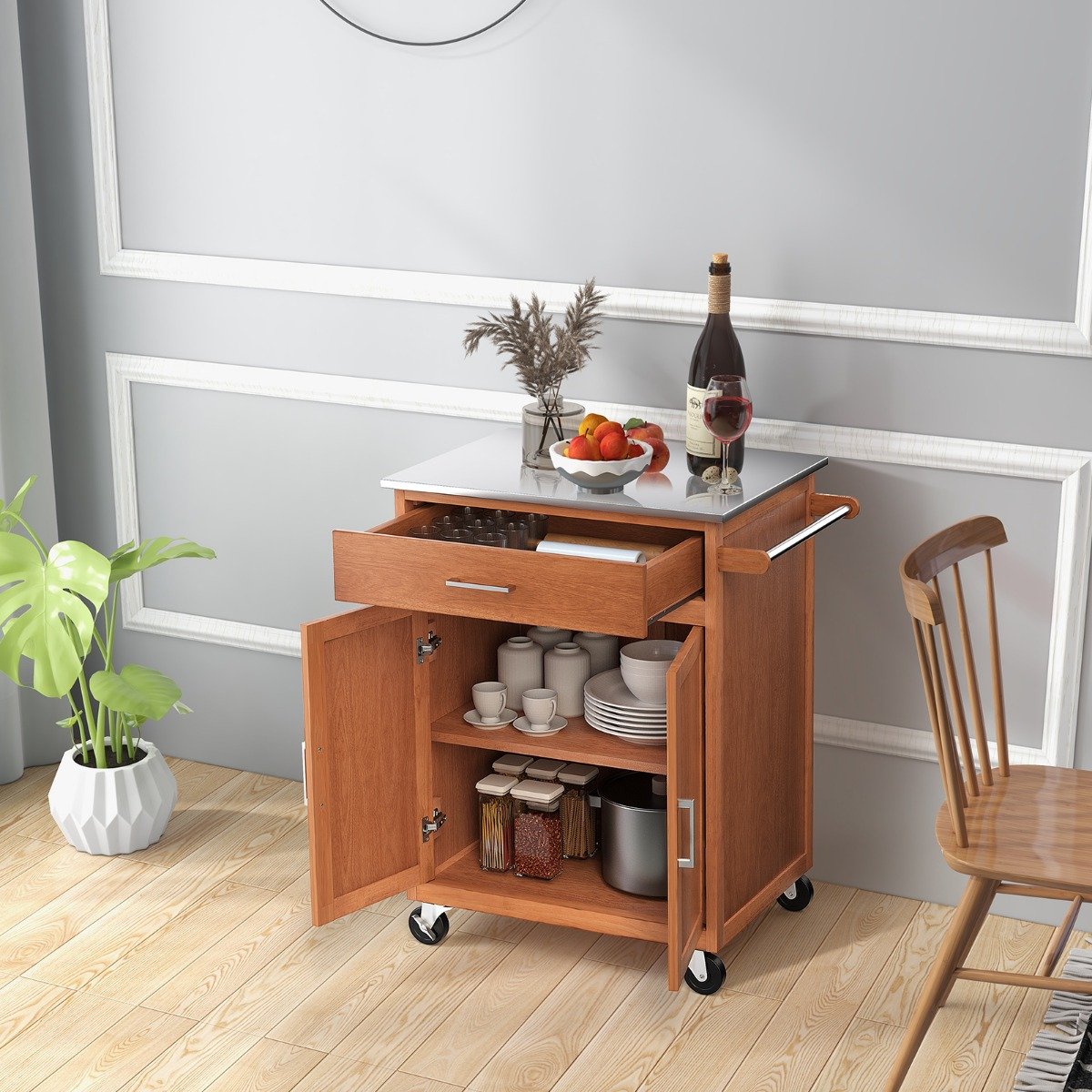 Kitchen Cart with Stainless Steel Countertop and 3-Position Adjustable Shelf