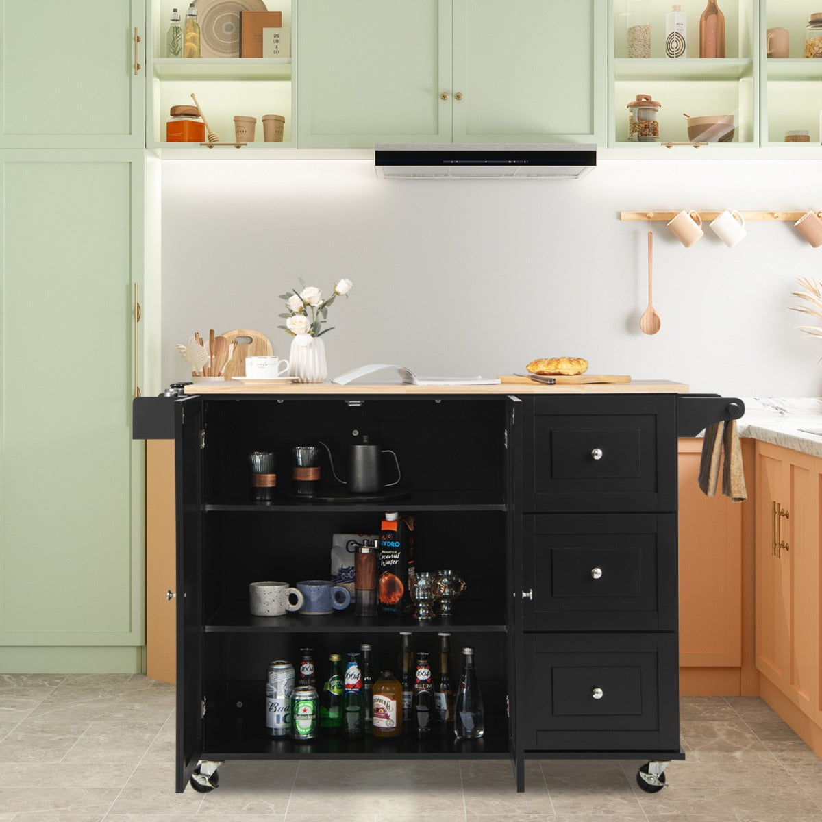 Drop-Leaf Kitchen Island Trolley Cart Wood Storage Cabinet