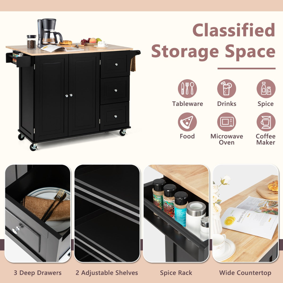 Drop-Leaf Kitchen Island Trolley Cart Wood Storage Cabinet