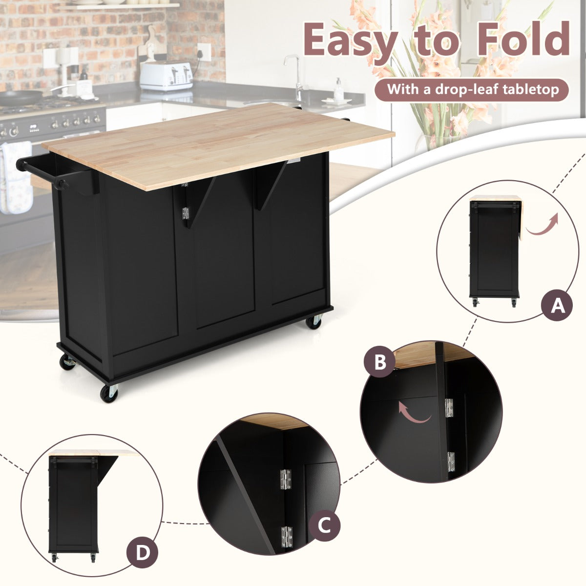 Drop-Leaf Kitchen Island Trolley Cart Wood Storage Cabinet