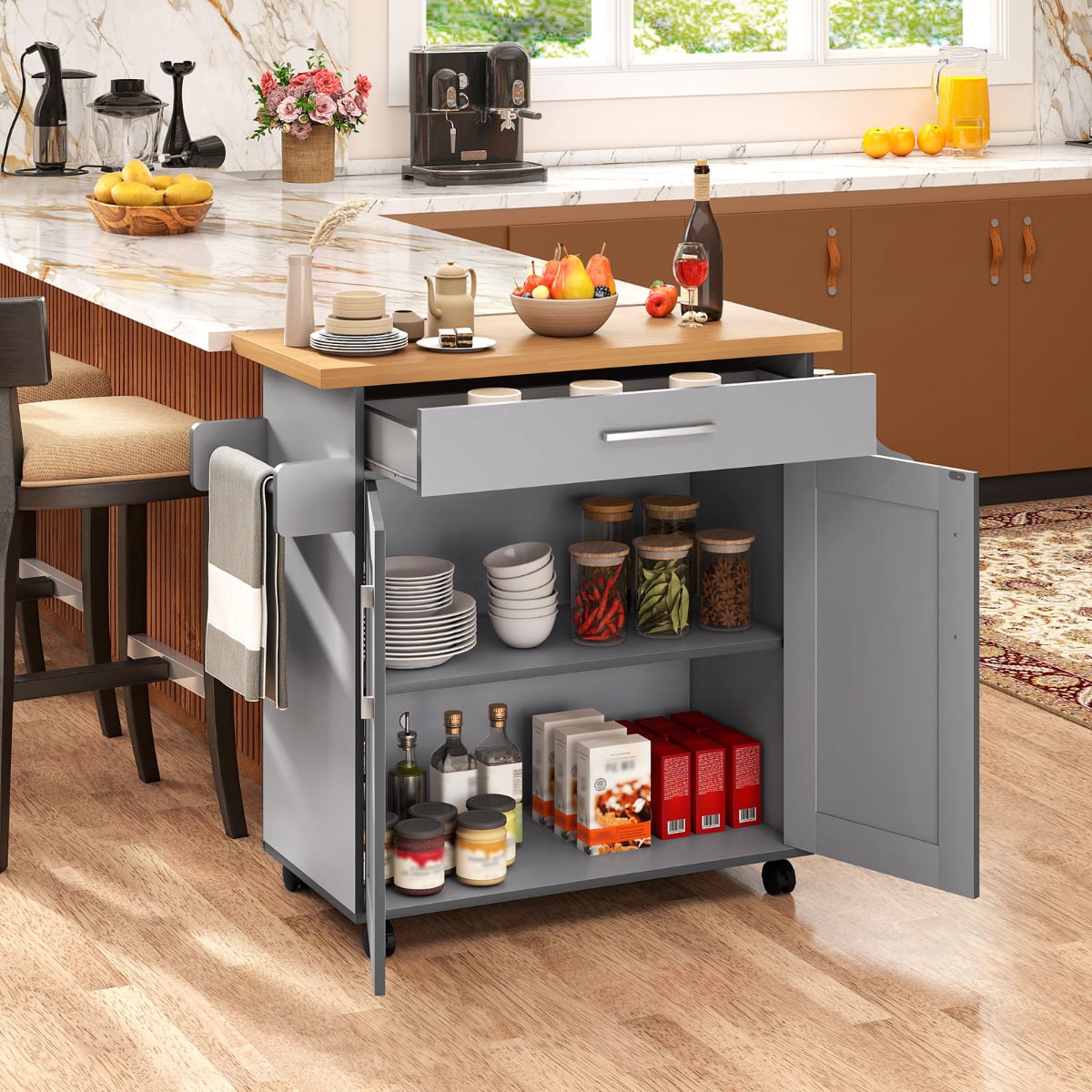 Kitchen Island Cart with Storage and Adjustable Shelf-Grey