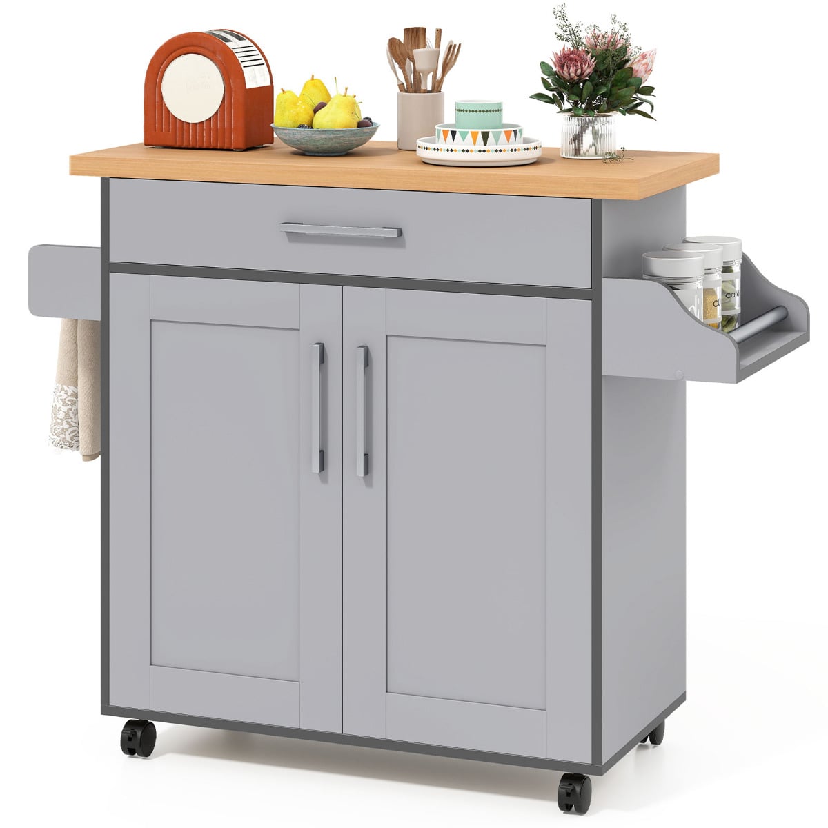 Kitchen Island Cart with Storage and Adjustable Shelf-Grey