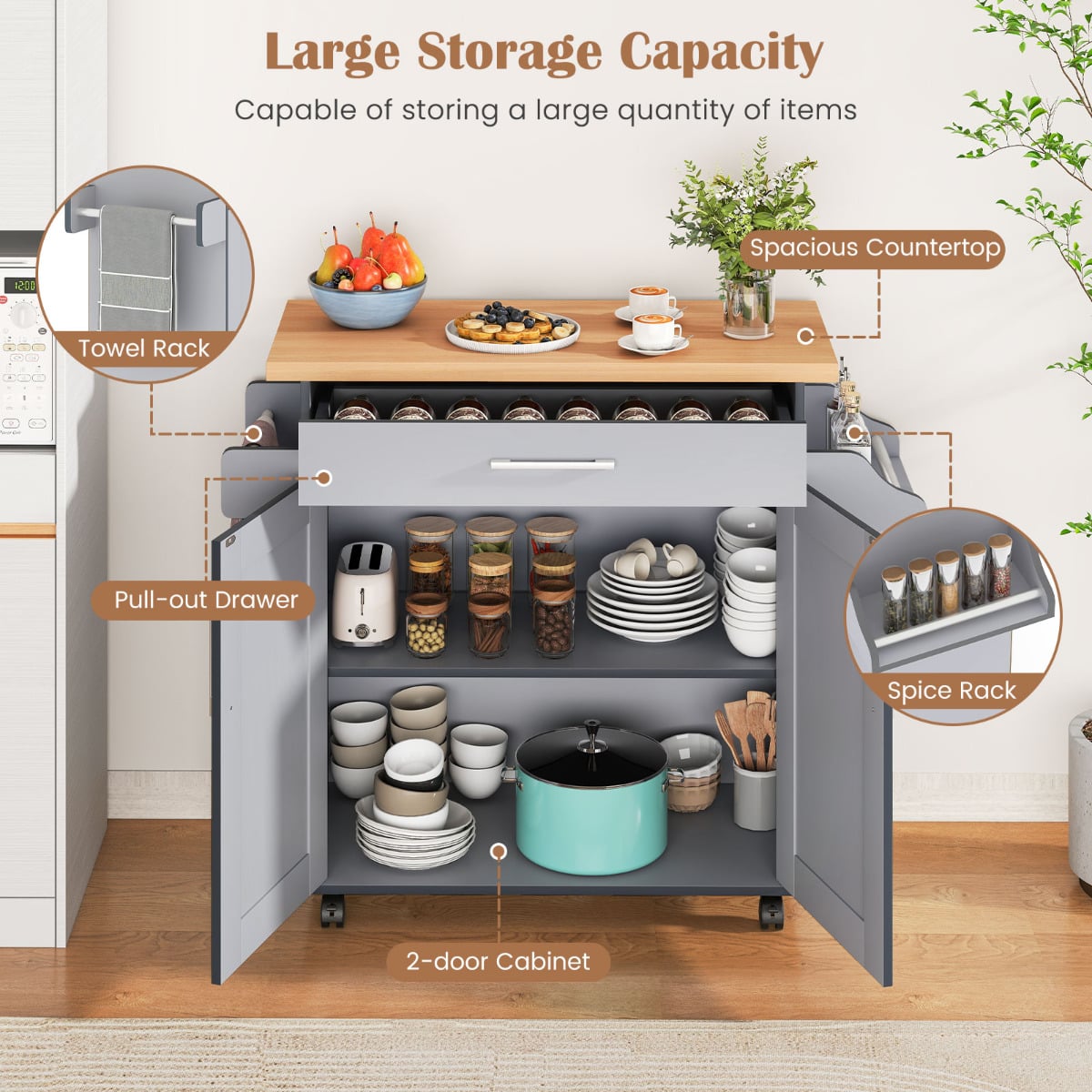 Kitchen Island Cart with Storage and Adjustable Shelf-Grey
