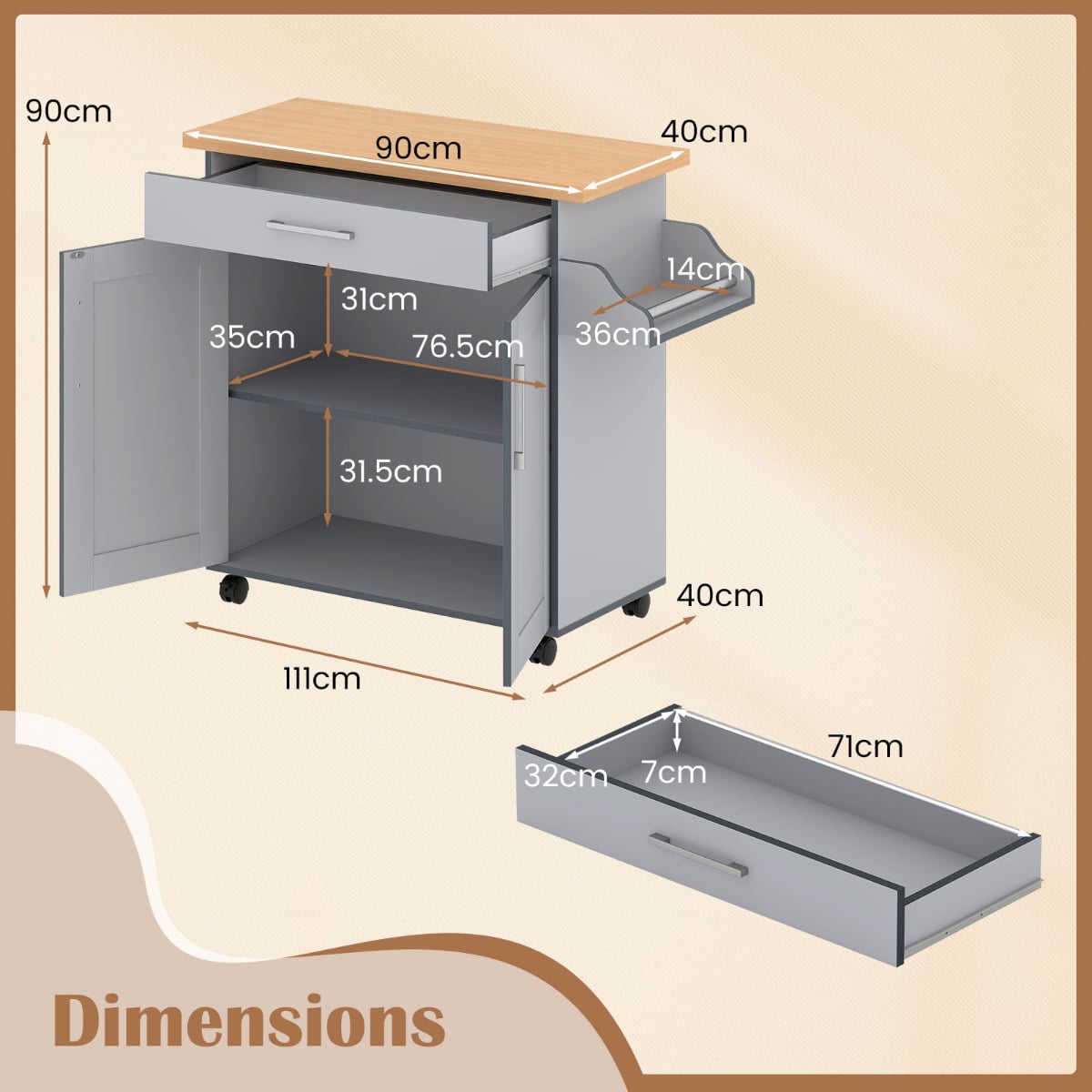 Kitchen Island Cart with Storage and Adjustable Shelf-Grey