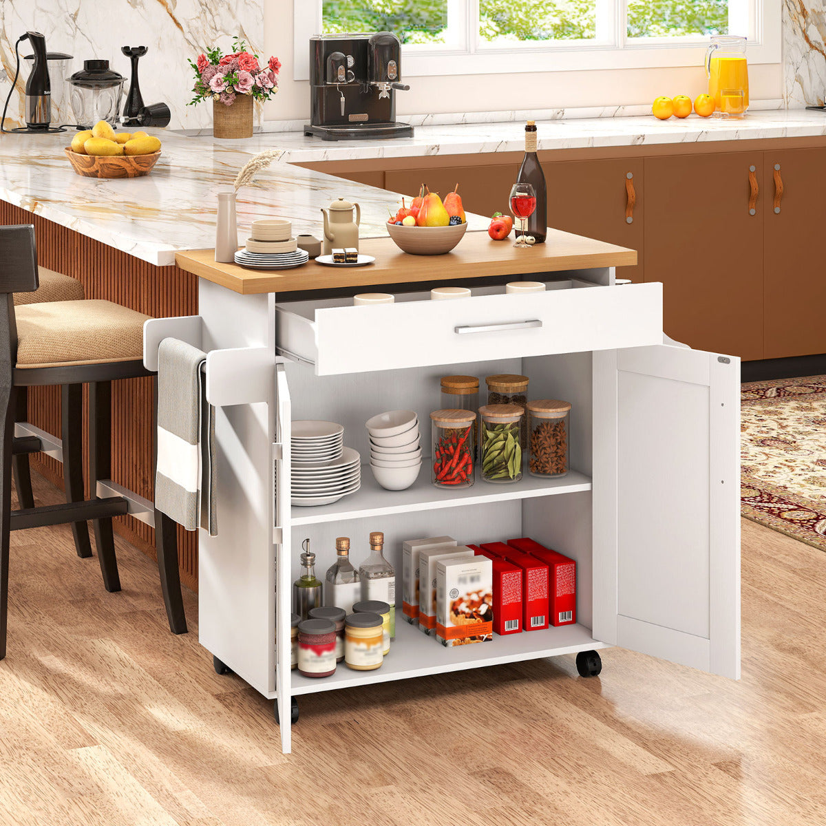Kitchen Island Cart with Storage and Adjustable Shelf-White