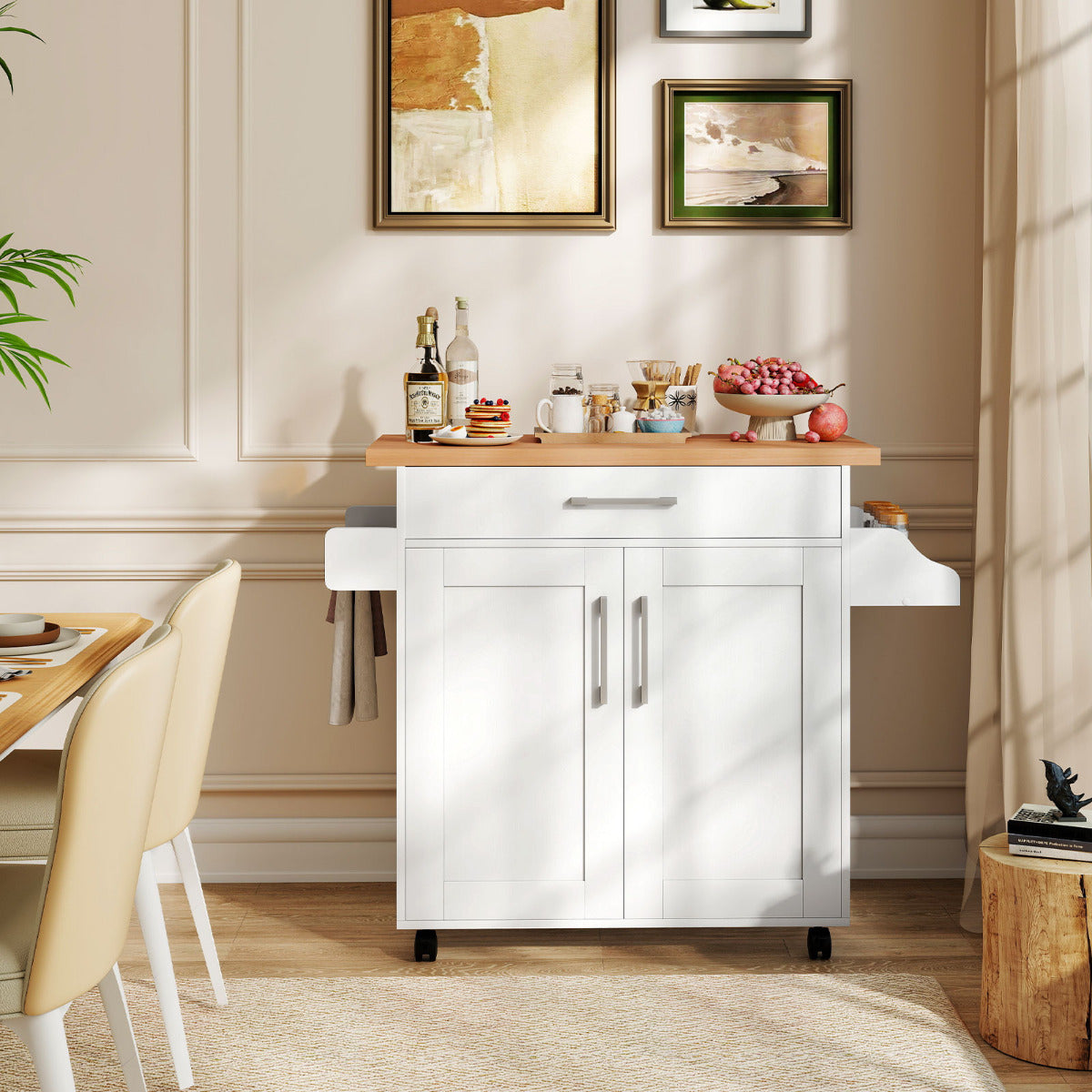 Kitchen Island Cart with Storage and Adjustable Shelf-White