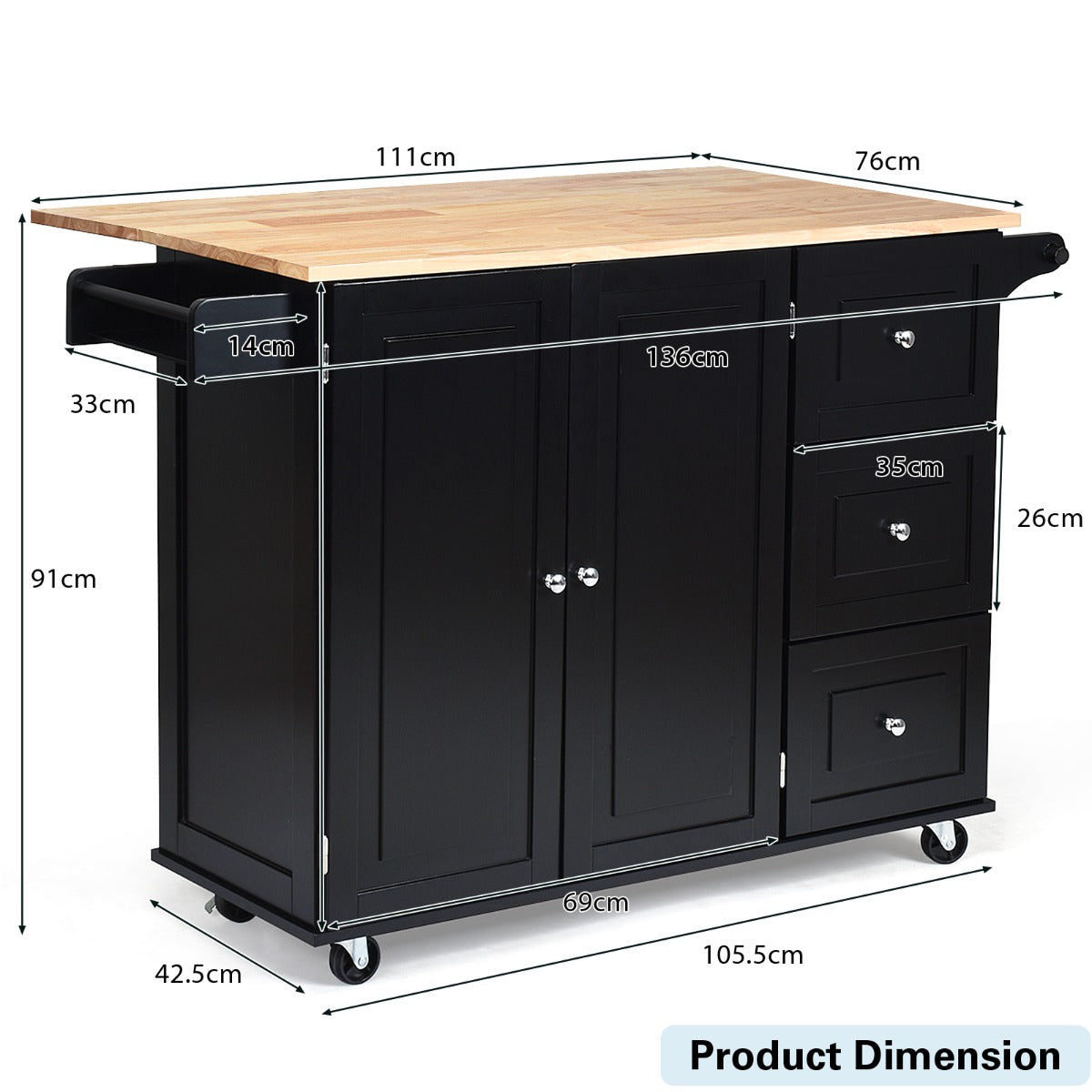 Drop-Leaf Kitchen Island Trolley Cart Wood Storage Cabinet
