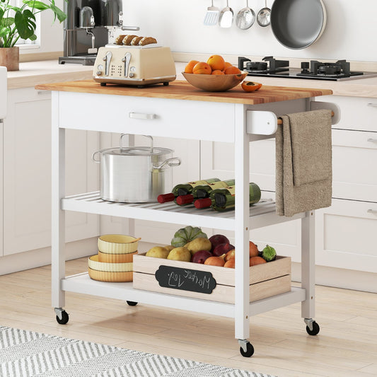 Kitchen Island with Open Shelves and Lockable Casters-White