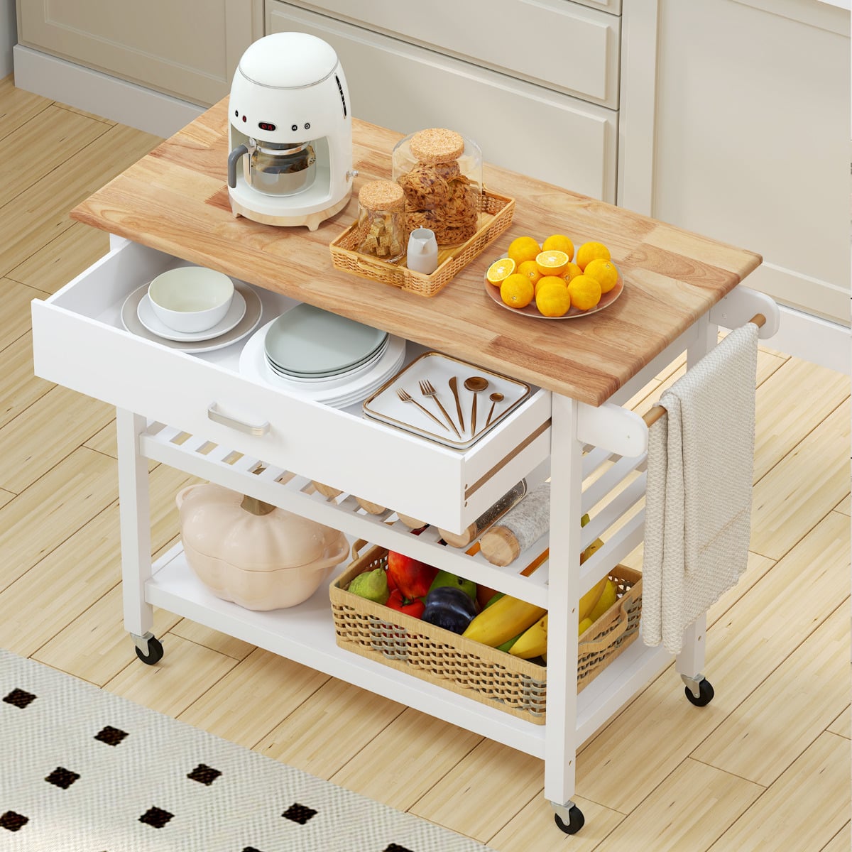 Kitchen Island with Open Shelves and Lockable Casters-White
