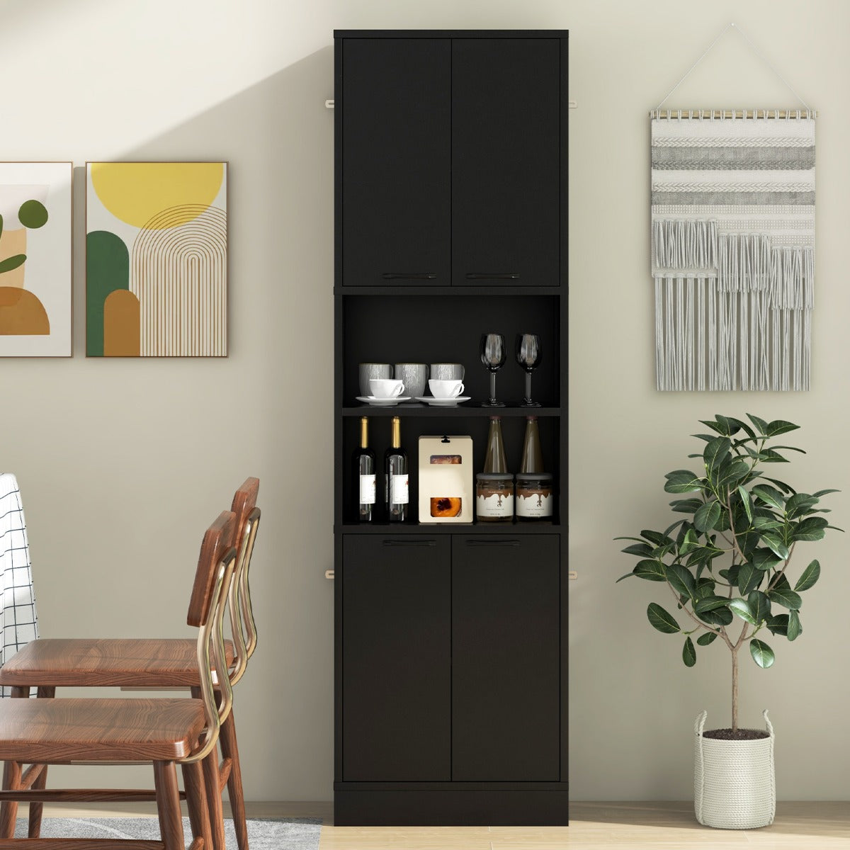 190cm Tall Freestanding Cupboard with Doors and Shelves-Black