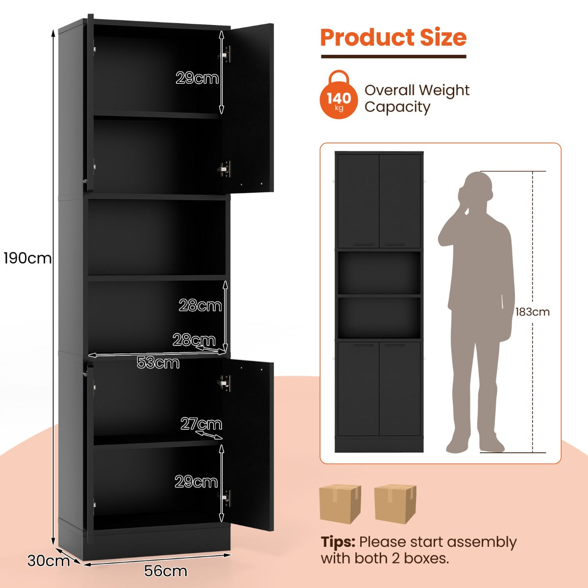 190cm Tall Freestanding Cupboard with Doors and Shelves-Black