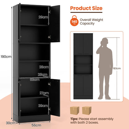 190cm Tall Freestanding Cupboard with Doors and Shelves-Black