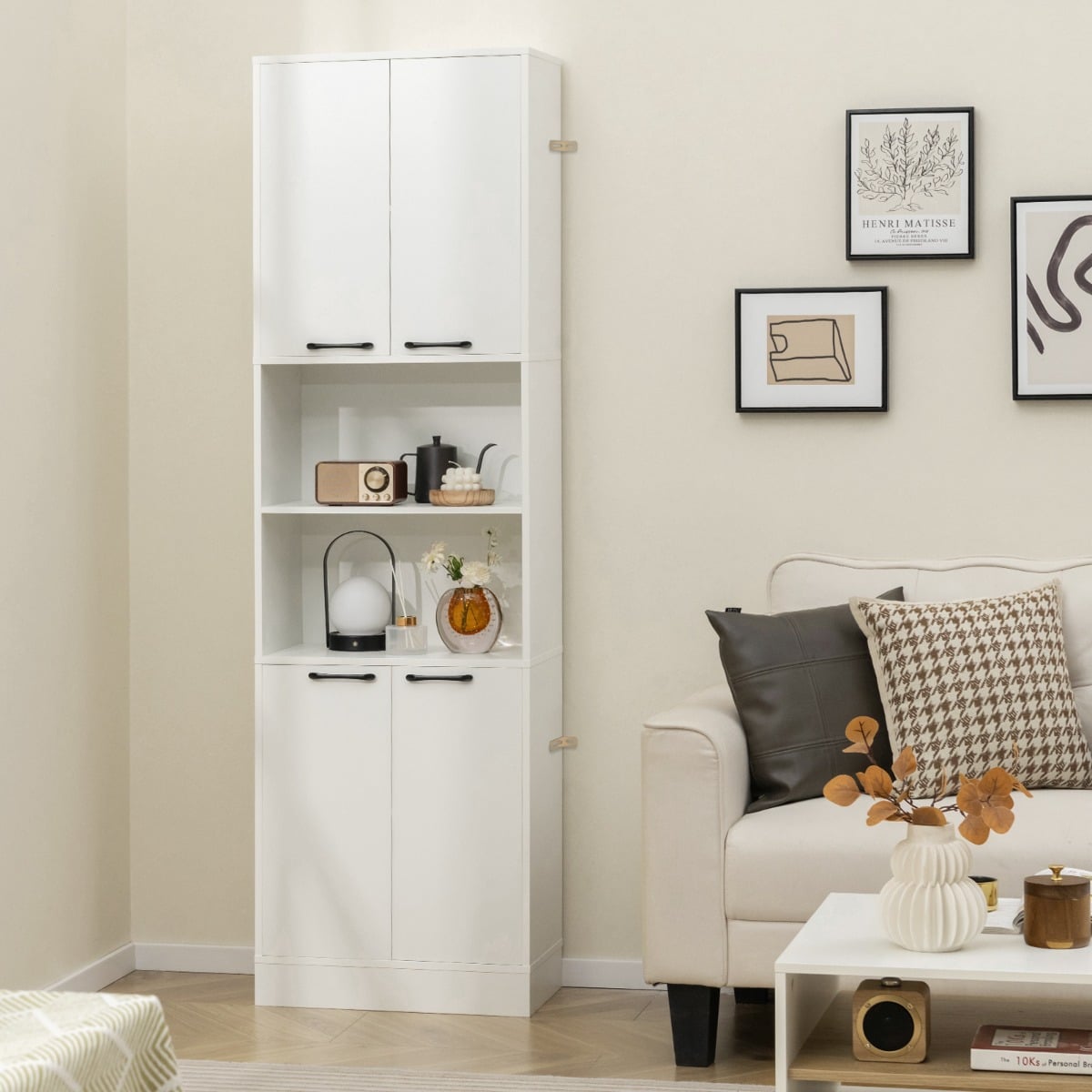 190cm Tall Freestanding Cupboard with Doors and Shelves-White