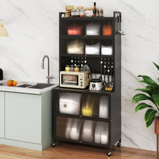 6-Tier Kitchen Pantry Cabinet Buffet Cabinet with Hutch-Black