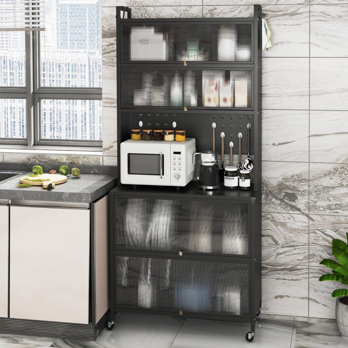 6-Tier Kitchen Pantry Cabinet Buffet Cabinet with Hutch-Black