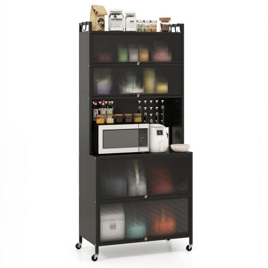 6-Tier Kitchen Pantry Cabinet Buffet Cabinet with Hutch-Black