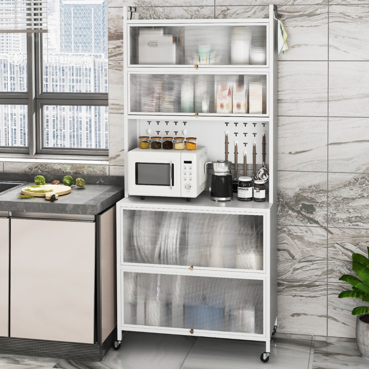 6-Tier Kitchen Pantry Cabinet Buffet Cabinet with Hutch-White