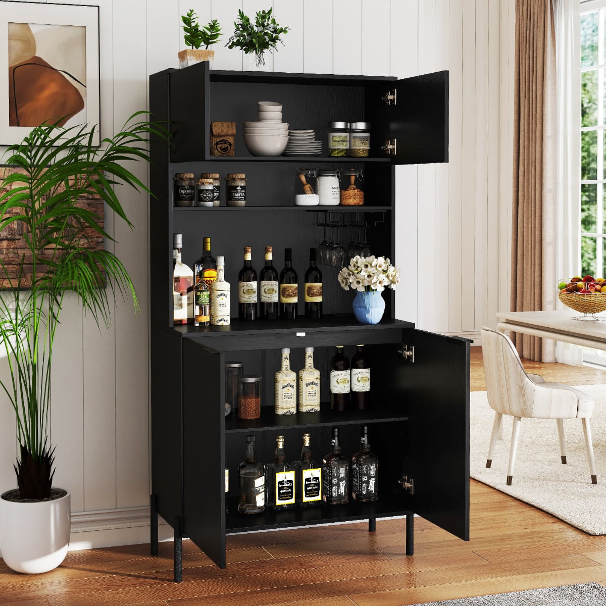 Kitchen Pantry Cabinet with Power Outlets and Wine Racks-Black