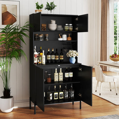 Kitchen Pantry Cabinet with Power Outlets and Wine Racks-Black