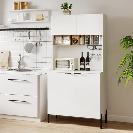 Kitchen Pantry Cabinet with Power Outlets and Wine Racks-White