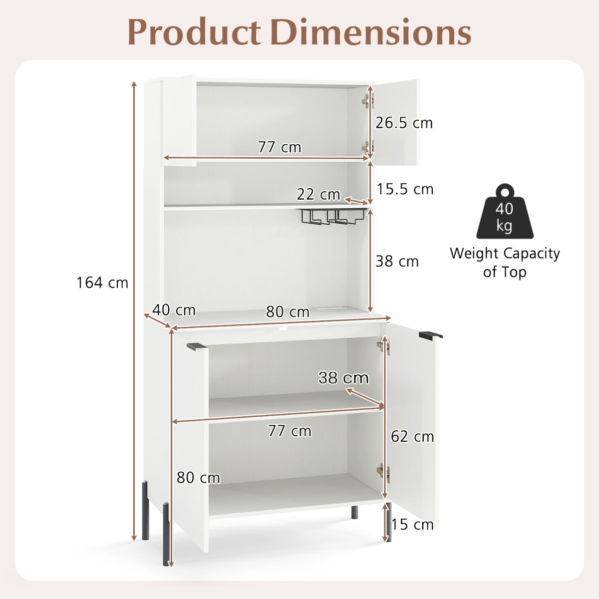 Kitchen Pantry Cabinet with Power Outlets and Wine Racks-White