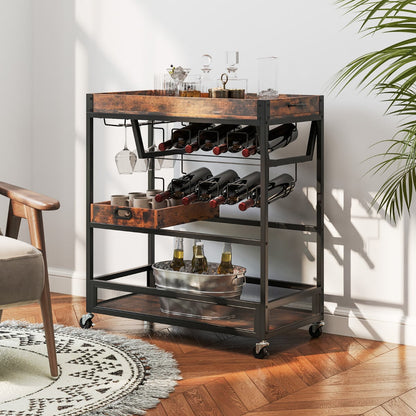 Kitchen Serving Cart with Removable Tray and Wine Rack-Rustic Brown