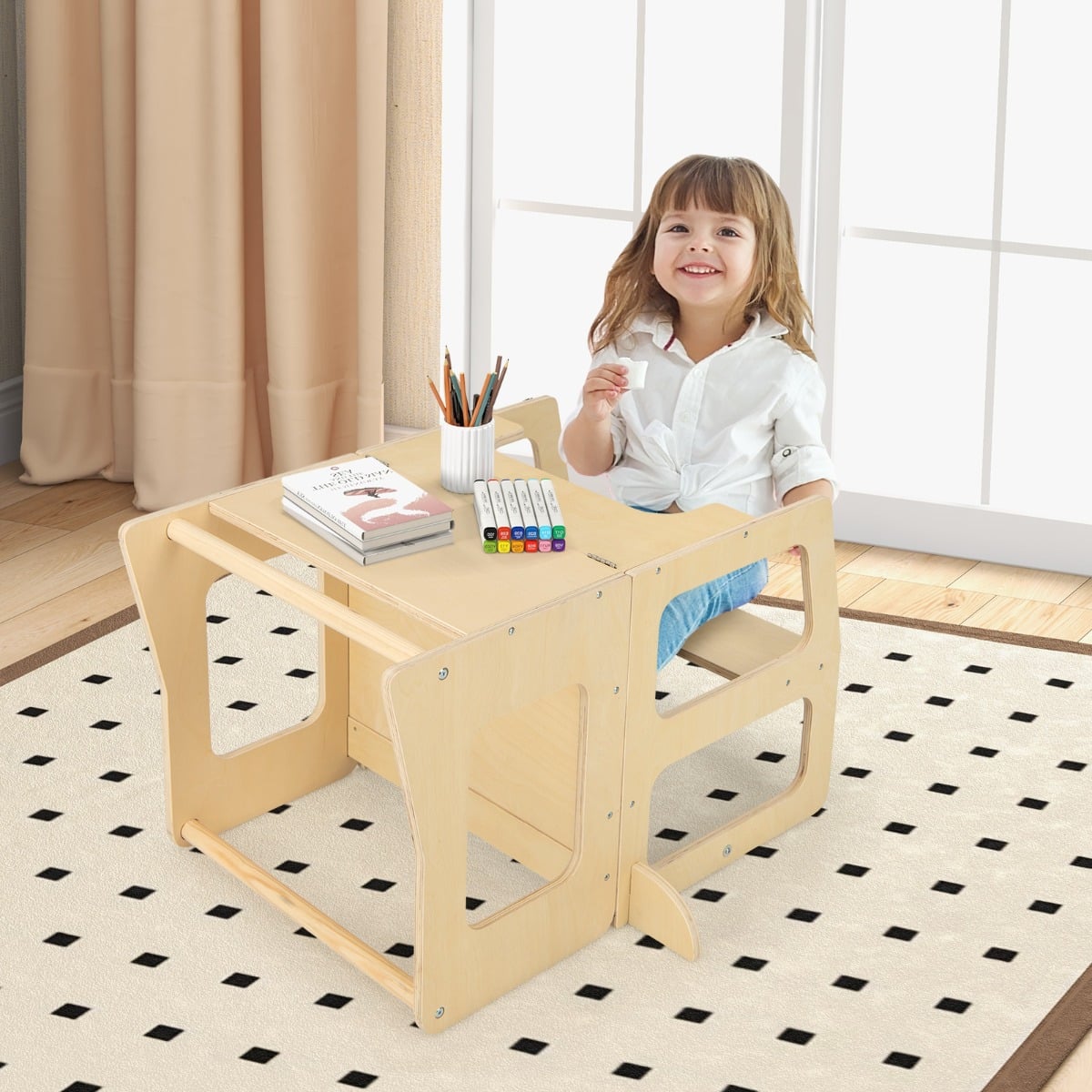 3-in-1 Foldable Kitchen Standing Tower for Toddlers with Chalkboard, Weaning Table-Natural